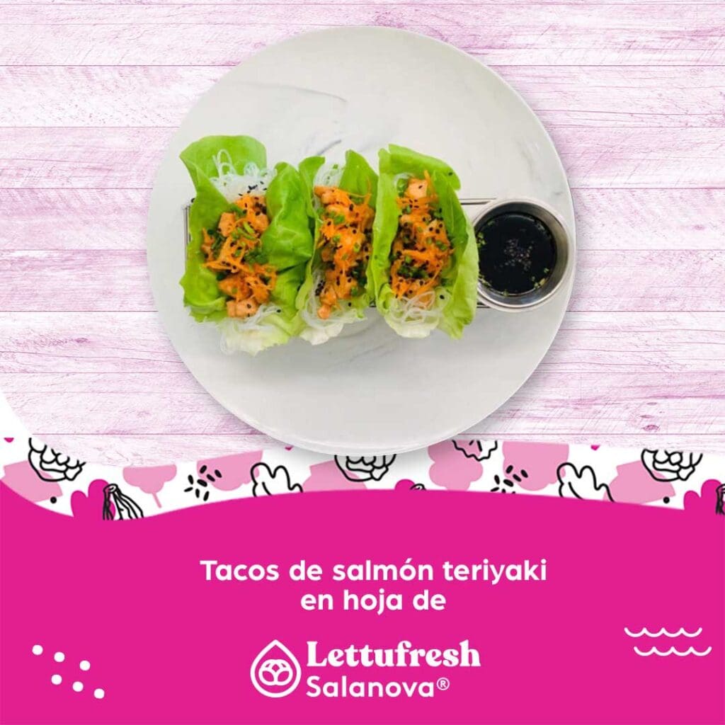 Tacos de salmón teriyaki en hoja de Salanova Lettufresh